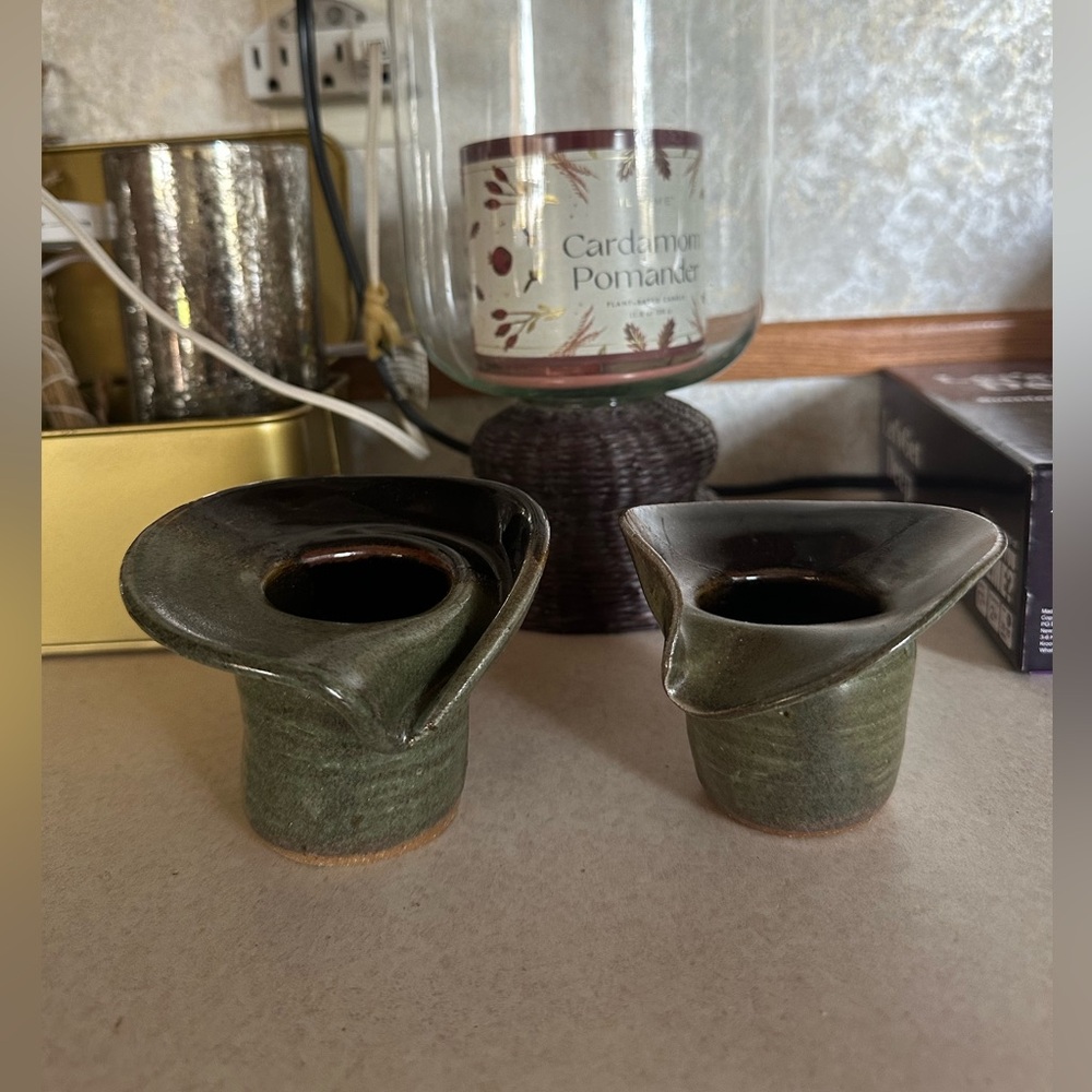 Beautiful set of two handmade pottery candle holders 3”-4” green organic